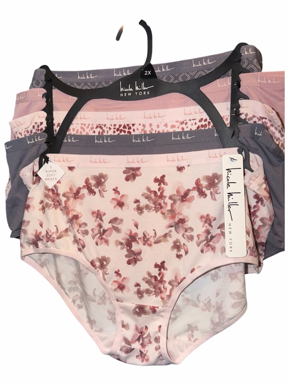 Nicole Miller New York Women’s 5-Pack Floral & Solid Briefs — Pink and Gray